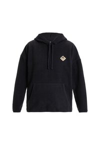 Sweat à capuche noir en tissu duveteux, avec une poche avant, une capuche ajustable à cordon de serrage, et un patch logo en forme de losange sur la poitrine.