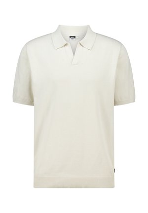 Cremfarbener Poloshirt mit kurzen Ärmeln aus einem glatten Strickstoff, ausgestattet mit einem klassischen Kragen und gerippten Besätzen am Saum für eine strukturierte Note.