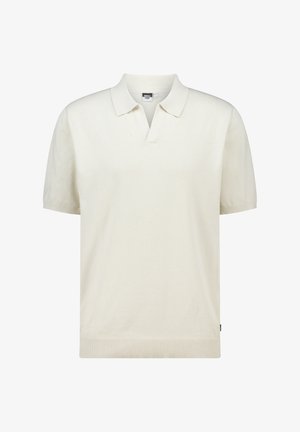 Cremfarbener Poloshirt mit kurzen Ärmeln aus einem glatten Strickstoff, ausgestattet mit einem klassischen Kragen und gerippten Besätzen am Saum für eine strukturierte Note.