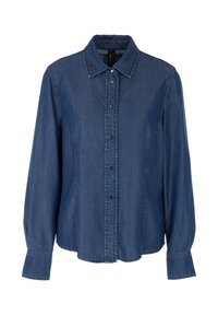 Denim shirt in dark blue, featuring a button-up front, a collar, and long sleeves with buttoned cuffs. Smooth texture, tailored fit.