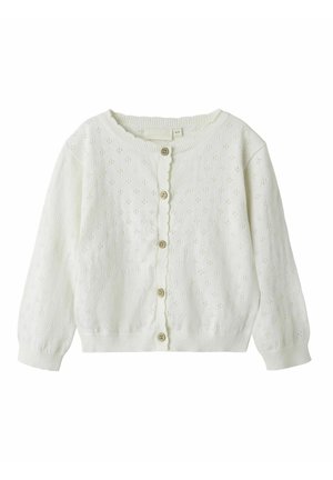 Cardigan bianco lavorato a maglia con scollo rotondo, chiusura frontale con bottoni e motivo floreale a trama. Dotato di polsini e orlo a coste.