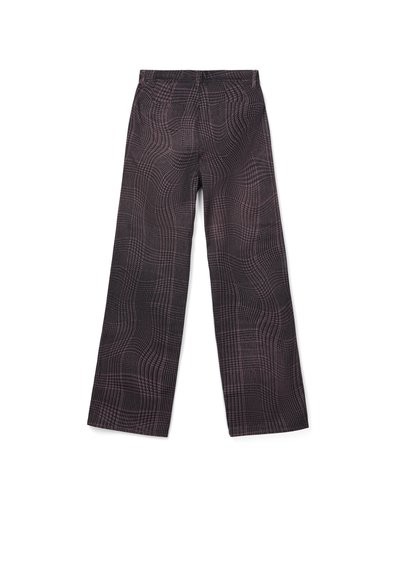 Dunkelgraue, kariert breite Hosenbeine, flach ausgelegt, Rückseite mit Gürtelschlaufen und ohne sichtbare Taschen.