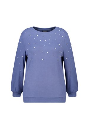Blauwe lange mouw trui versierd met kleine witte parelversieringen die over de voorkant en mouwen zijn verspreid, met een ronde halslijn.