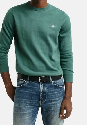 Maglione verde lavorato a maglia con collo rotondo e polsini a costine, abbinato a jeans blu scoloriti e una cintura nera. Piccolo logo ricamato sul petto.