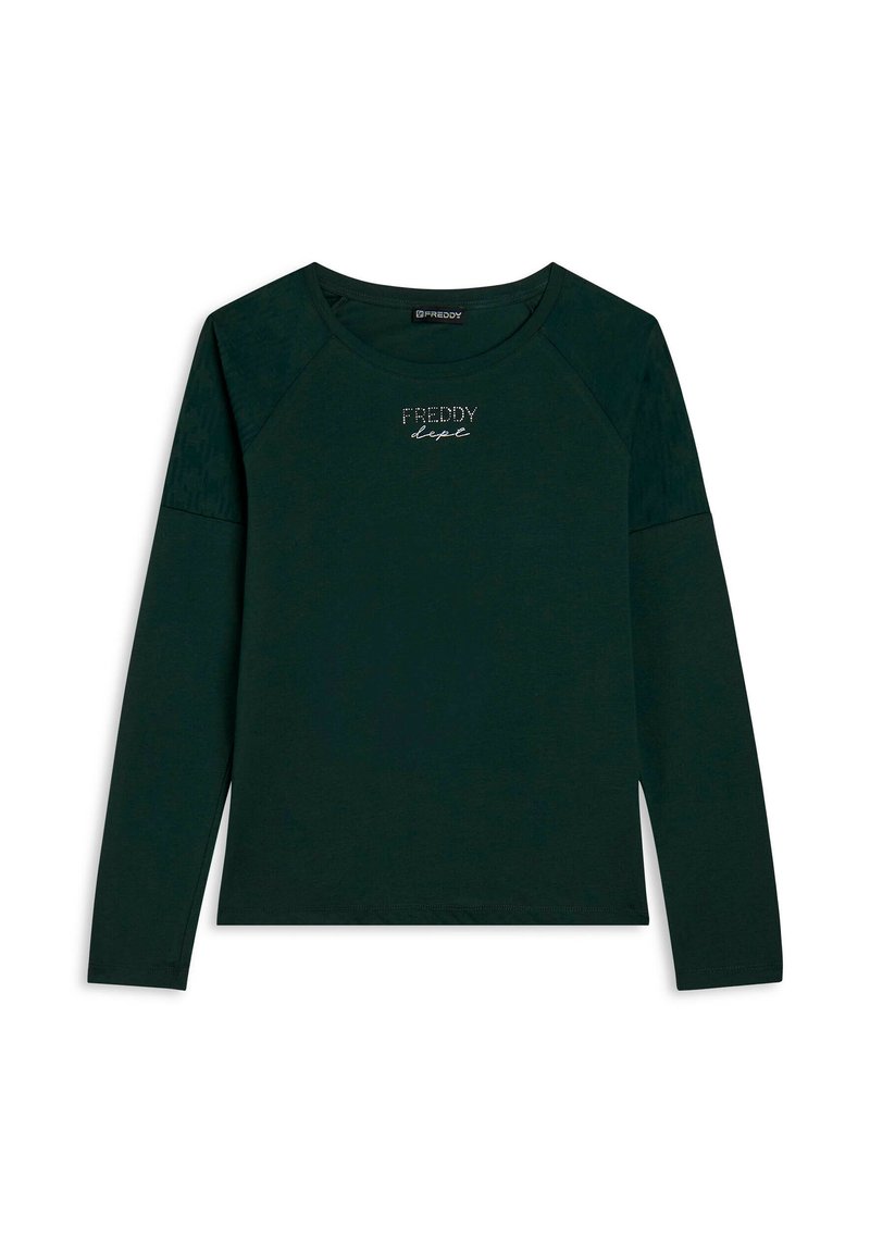 Camiseta de manga larga de color verde oscuro con cuello redondo y mangas raglán. Presenta el texto "FREDDY" en piedras de strass en el frente. Textura de tela suave.