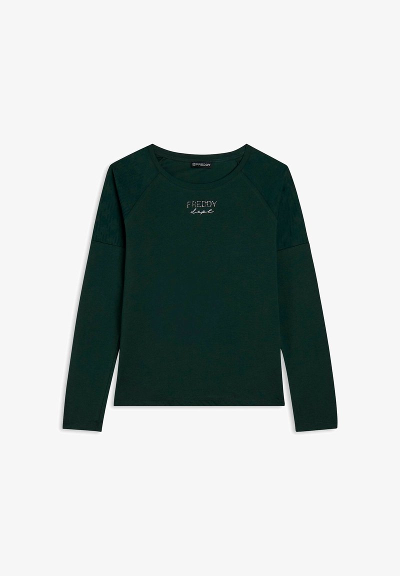 Camiseta de manga larga de color verde oscuro con cuello redondo y mangas raglán. Presenta el texto "FREDDY" en piedras de strass en el frente. Textura de tela suave.