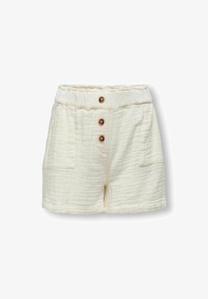 Hvide teksturerede shorts med en samlet talje, tre brune knapper og to sidelommer. Stoffet ser blødt og let ud.