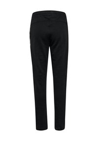 Pantalon de survêtement noir fuselé avec taille élastique, détails sur la couture latérale, vu de dos sur fond blanc.