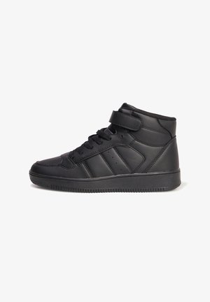 High-top black sneakers made of leather with a textured finish, featuring a Velcro strap, laces, and three stripes design on the side.