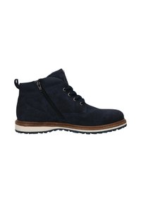 Marineblaues Wildleder-Ankle-Boot mit einer strukturierten Oberseite, Schnürdesign, seitlichem Reißverschluss und einer kontrastierenden weißen Sohle mit braunen Akzenten.