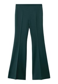 Hlače širokih nogavica od tamnozelene tkanine, s prednjim naboraima i glatkom teksturom. Odsječeni siluetom koja se širi od koljena prema dolje.