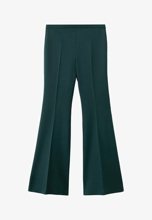 Pantalones de pierna ancha en tela verde oscuro, con pliegues delanteros y una textura suave. La silueta acampanada se extiende desde las rodillas hacia abajo.