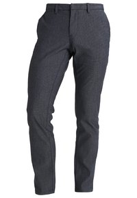 Slim-fit, mörkgrå byxor i texturerad tyg, med flat front, bältesloopar och subtil randig mönster, samt sidofickor.