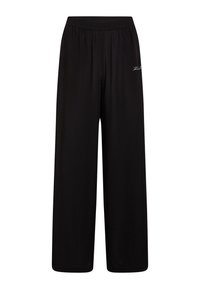 Pantalon noir à jambes larges en tissu doux avec une ceinture élastique. Comprend un petit logo de la marque en blanc à l'avant.