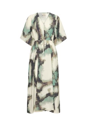 Lange, vloeiende jurk met korte mouwen, V-hals, taille met trekkoord en abstract aquarelpatroon in turquoise, zwart, bruin en crème.