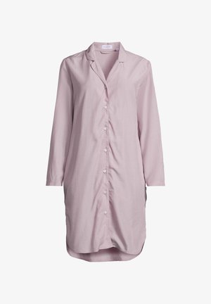 Lyserød skjorte kjole med krave, lange ærmer og buet kant, lavet af letvægtsstof med en glat tekstur.