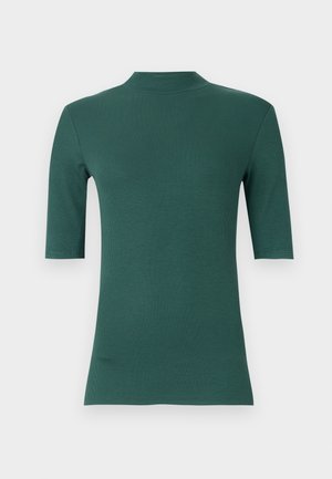 Grønn ribbet kortermet topp med høy hals og tettsittende design. Jevnt stoff med vertikale linjer gjennom hele tekstilen.