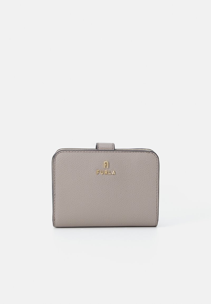 FURLA compact wallet in light gray textured leather with a gold-tone logo. Features a simple rectangular shape and closure tab.