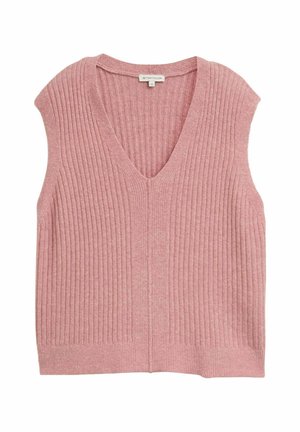 Pink ribbed knit sleeveless top with a V-neck, featuring a textured finish and a straight hemline. Brand tag visible at the neckline.