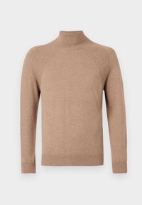 Pull à col roulé beige avec accents côtelés aux épaules, fabriqué en tissu tricoté doux. Comprend des manches longues ainsi que des poignets et un ourlet côtelés.
