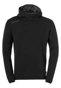 Felpa nera a maniche lunghe realizzata in tessuto morbido, con colletto alto e cappuccio foderato in rete. Include il logo "uhlsport" sulla spalla.