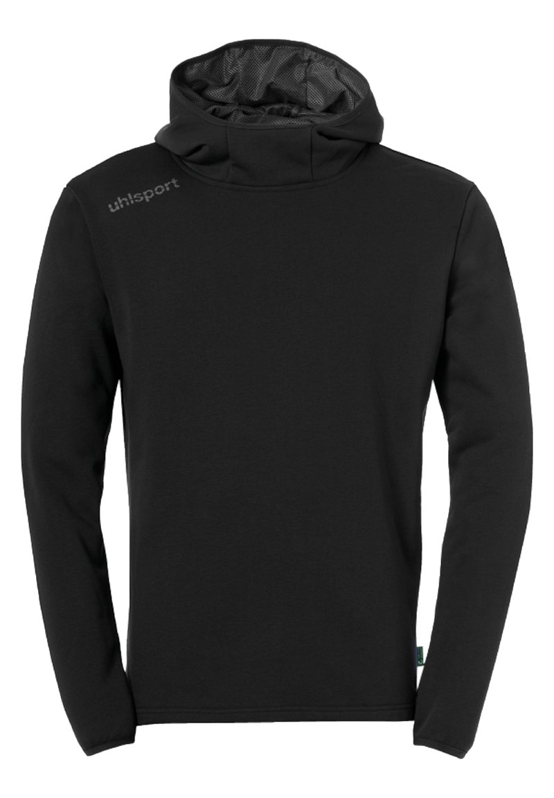 Felpa nera a maniche lunghe realizzata in tessuto morbido, con colletto alto e cappuccio foderato in rete. Include il logo "uhlsport" sulla spalla.
