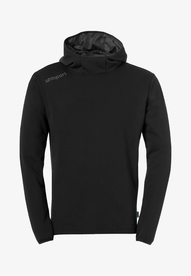 Felpa nera a maniche lunghe realizzata in tessuto morbido, con colletto alto e cappuccio foderato in rete. Include il logo "uhlsport" sulla spalla.