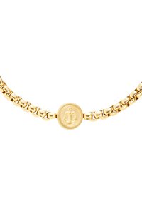 Zlatý náramek s texturovaným designem článků a kulatým přívěskem ve tvaru kotvy. Hladký povrch s bezpečnou sponou.
