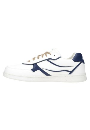 White leather sneaker with navy accents, featuring a textured upper, round toe, and beige lace closure, supported by a speckled sole.
