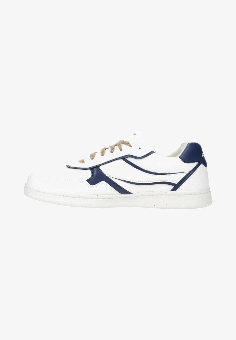 White leather sneaker with navy accents, featuring a textured upper, round toe, and beige lace closure, supported by a speckled sole.