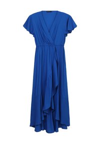 Blue, ankle-length dress with short flutter sleeves, v-neckline, and an elastic waist. Features a flowing, layered skirt design.