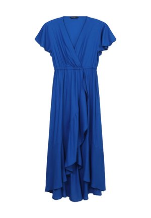 Blaues, knöchellanges Kleid mit kurzen, flatternden Ärmeln, V-Ausschnitt und elastischem Bund. Mit einem fließenden, geschichteten Rockdesign.