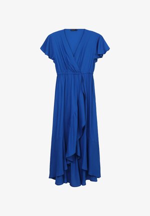 Abito blu lungo fino alla caviglia con maniche corte a volant, scollatura a V e vita elastica. Presenta un design di gonna fluente e a strati.