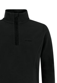Zwarte fleece pullover met een hoge kraag, halve ritssluiting aan de voorkant en subtiele tonale branding op de borst. Zachte textuur en standaard pasvorm.