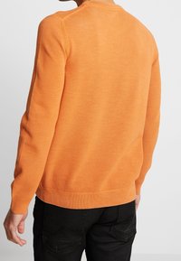 Pull en tricot orange avec une surface texturée, un col rond et des poignets et un ourlet côtelés. Porté avec un pantalon noir, montrant la vue de dos.