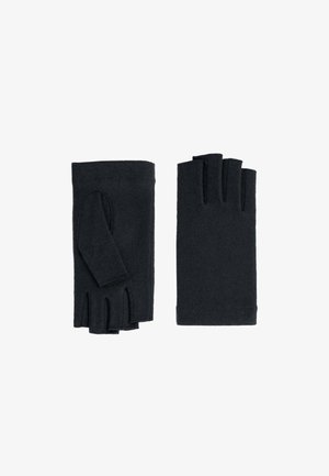 Gants noirs en maille, sans doigts, avec un design à un doigt complet et un à trois doigts. Texture douce, style décontracté, adaptés à une utilisation intérieure.