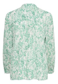 Green floral print blouse featuring long sleeves, a collar, buttoned cuffs, and a relaxed fit with pleated back detail.