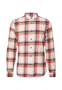 Overhemd met knoopsluiting in een rode, oranje en blauwe ruitpatroon. Gemaakt van zachte stof, met een kraag, voorknopen en een geborduurd logo.