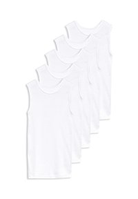 Five white cotton tank tops with rounded necklines and sleeveless design, featuring smooth texture and straight hem edges.