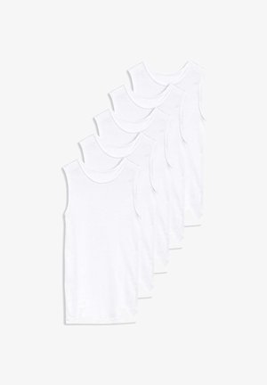 Five white cotton tank tops with rounded necklines and sleeveless design, featuring smooth texture and straight hem edges.