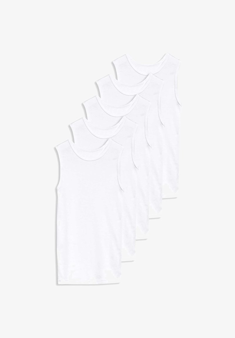 Five white cotton tank tops with rounded necklines and sleeveless design, featuring smooth texture and straight hem edges.