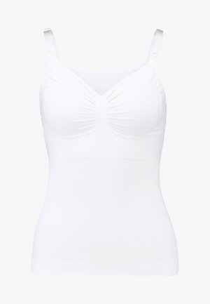 Valkoinen tiukka tanktoppi säädettävillä olkaimilla, teksturoitua kangasta, rutistettua keskikohtaa ja sileä pinta.