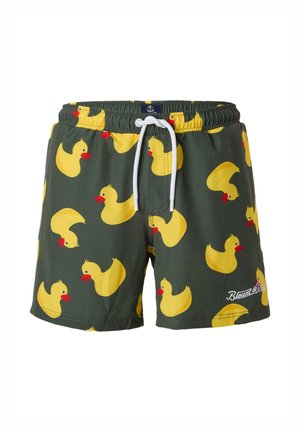 Ciemnozielone spodenki kąpielowe z wzorem żółtych gumowych kaczek, białym sznurkiem, elastycznym pasem i logo "Blount & Pool" na lewej nogawce.