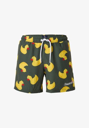 Dunkelgrüne Badeshorts mit gelben Gummientenmustern, weißem Kordelzug, elastischem Bund und "Blount & Pool"-Logo am linken Bein.