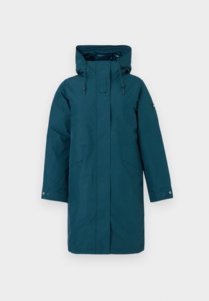 Parka impermeável em azul-turquesa com capuz, mangas longas, dois bolsos laterais e corte reto; apresenta cordões ajustáveis e botões de pressão.