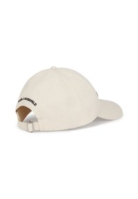 Gorra de algodón beige con visera curvada, correa ajustable en la parte posterior y "KARL LAGERFELD" bordado en la parte trasera.