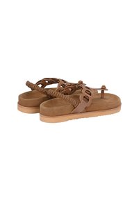 Infradito beige con una soletta in suede marrone imbottita e dettagli intrecciati sulle cinghie. Suola in gomma con battistrada testurizzato per una migliore aderenza.