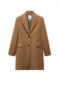 Bruine wollen jas met een notched kraag, enkel-breasted ontwerp, twee zakken aan de voorkant en knoopsluitingen. Gladde textuur met een getailleerde pasvorm.
