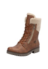 Bruine veterschoenen met een nepleren kraag, zijrits, gestructureerde zool en een bovenwerk van zacht leer, met een stikseldetail en een robuust ontwerp.