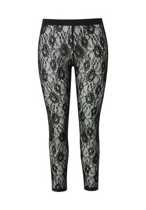 Zwarte kanten legging met een bloemenpatroon, elastische tailleband en aansluitend ontwerp, die een doorzichtige textuur met een solide achterkant laat zien.